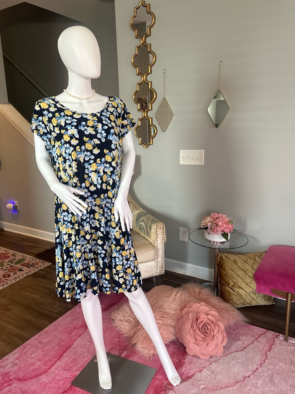N Touch Petite Navy Floral Fit & Flare Dress PL